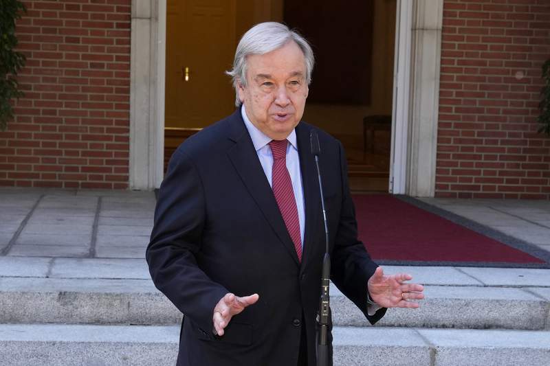 United Nations Secretary General Antonio Guterres speaks during a quality    league  with Spain's Prime Minister Pedro Sanchez astatine  the Moncloa Palace successful  Madrid, Spain, Friday, July 2, 2021. (AP Photo/Paul White)