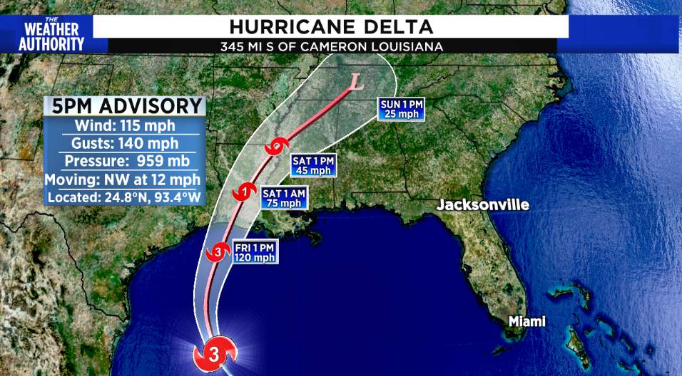 Delta intensifies to Category 3 hurricane as it bounds toward Louisiana
