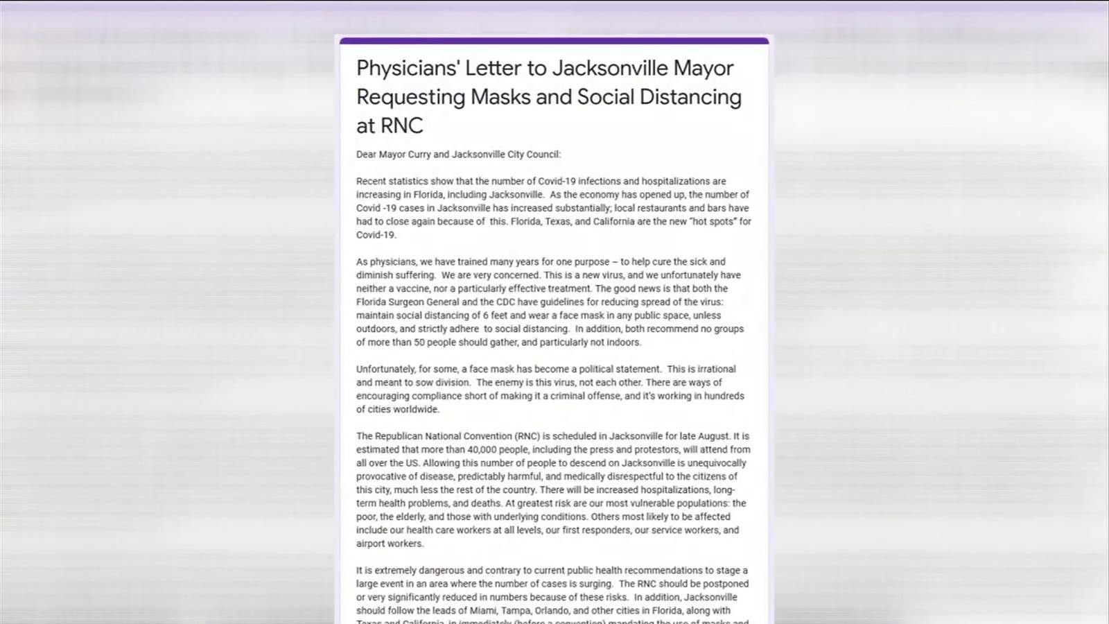 More doctors sign letter asking Jacksonville to require masks at RNC