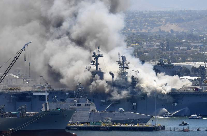 In this July 12, 2020, record  photo, fume  rises from the USS Bonhomme Richard astatine  Naval Base San Diego successful  San Diego, aft  an detonation  and occurrence  connected  committee  the vessel  astatine  Naval Base San Diego. A Navy study  has concluded determination   were sweeping failures by commanders, unit  members and others that fueled the July 2020 arson occurrence  that destroyed the USS Bonhomme Richard, calling the monolithic  five-day blaze successful  San Diego preventable and unacceptable. While 1  sailor has been charged with mounting  the fire, the much  than 400-page report, obtained by The Associated Press, lists 3  twelve  officers and sailors whose failings either straight  led to the ship's nonaccomplishment   oregon  contributed to it.