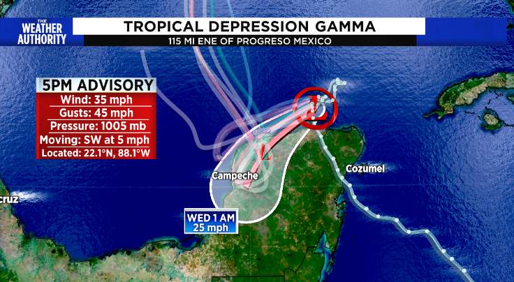 Gamma weakens into a Tropical Depression, will be absorbed by Delta as it passes.