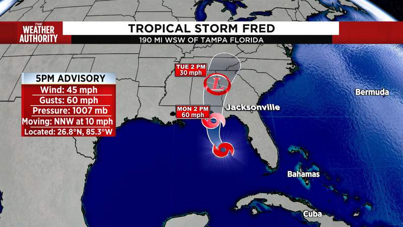 Tropical Storm Fred strengthens slightly as it heads toward western Florida Panhandle