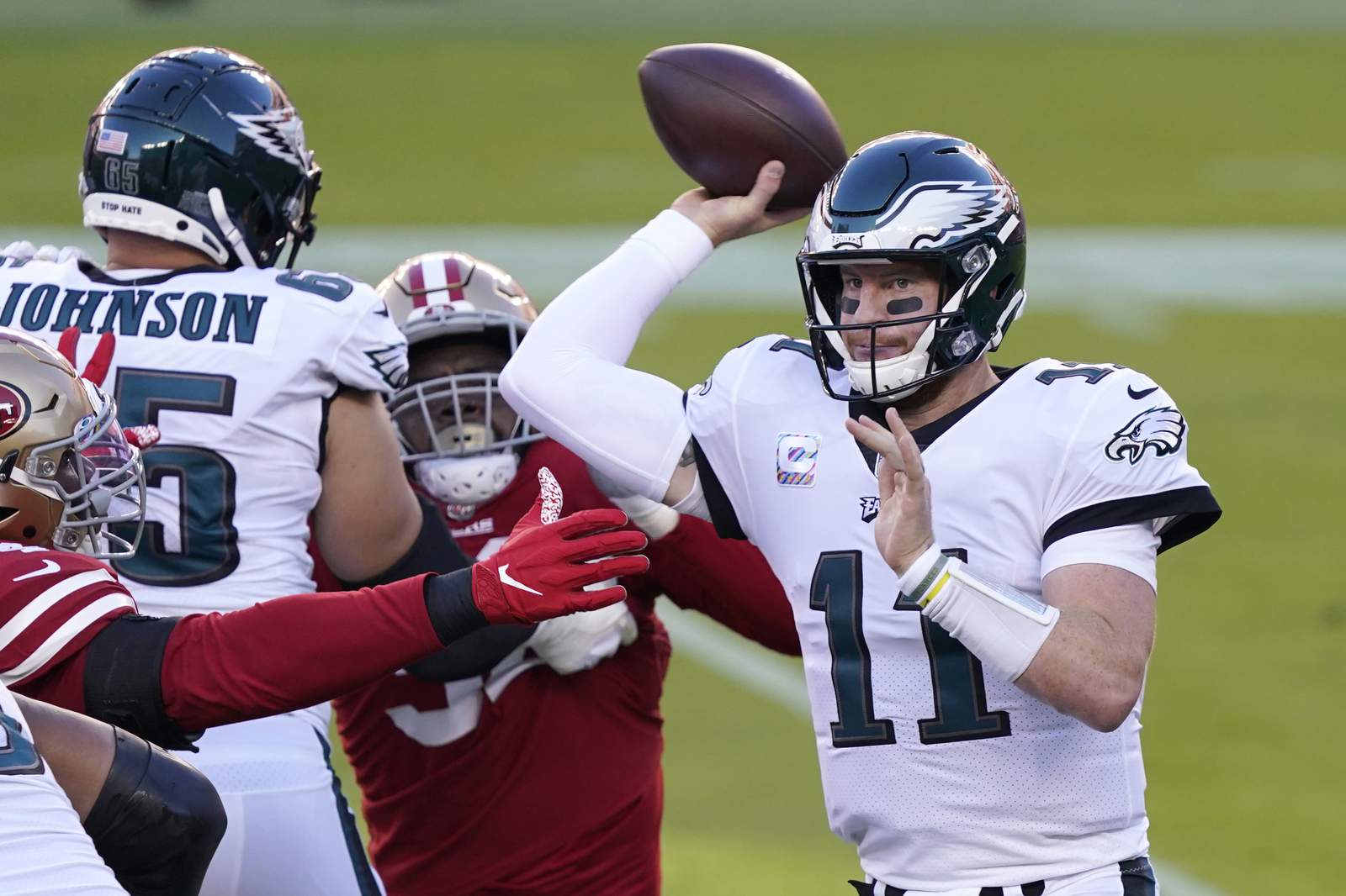 The Latest: Wentz has early interception against 49ers