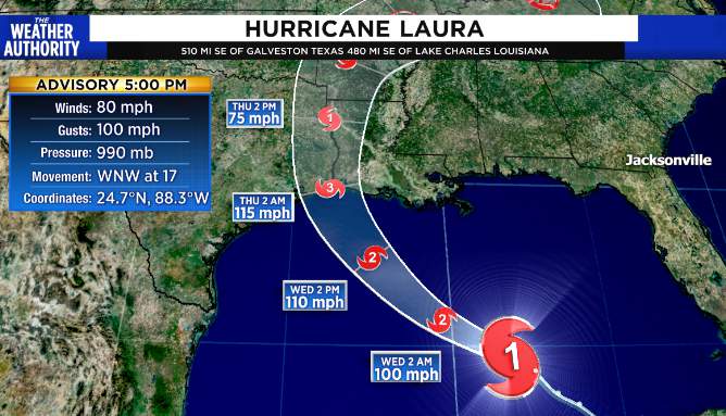 Hurricane Laura battling dry air, but expected to intensify into a Category 4 storm