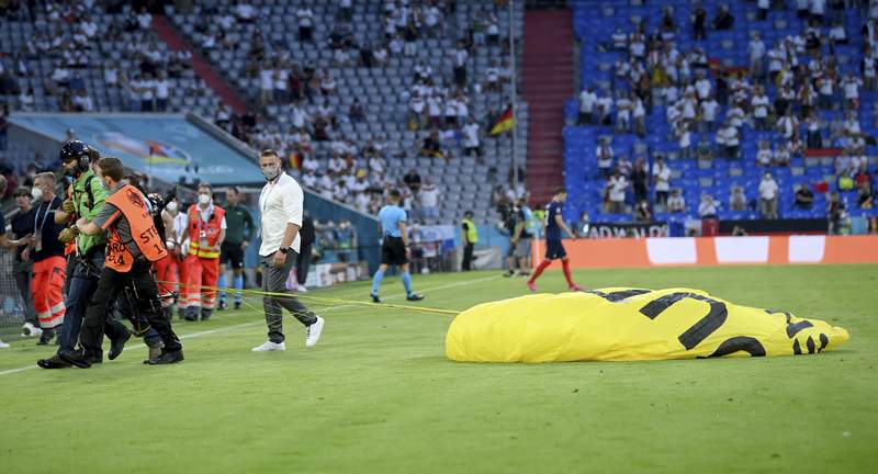 People hurt by parachuting protestor at Euro 2020 game