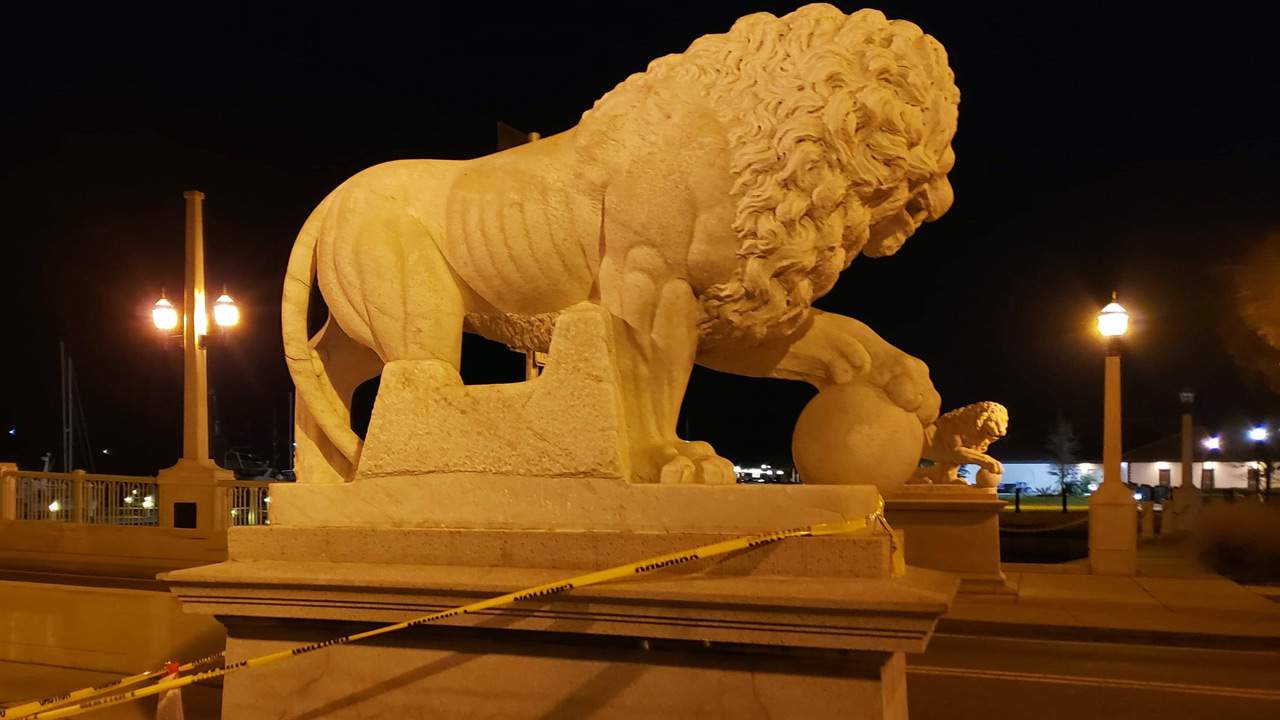 Iconic lion statue at St. Augustine bridge gets repairs