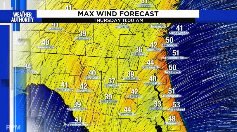 Maximum wind forecast Thursday AM