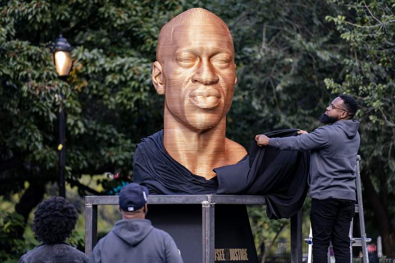 George Floyd memorial statue in New York City defaced again