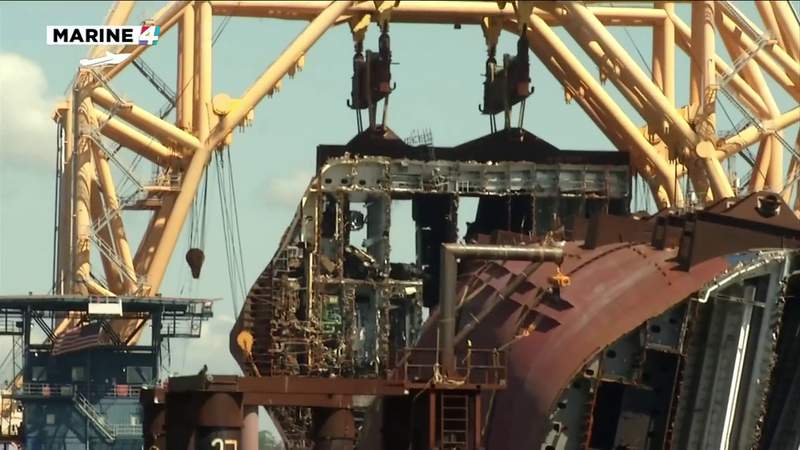Crews provide up-close look at Golden Ray wreck as removal process reaches halfway point