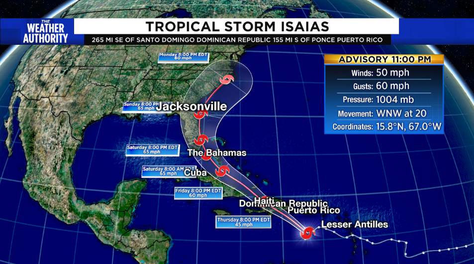 Tropical Storm Isaias forms south of Puerto Rico