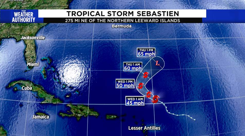 Tropical Storm Sebastien over open Atlantic