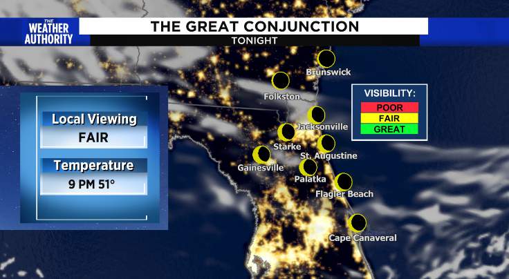 Clear skies and chilly temperatures tonight for viewing the Great Conjunction